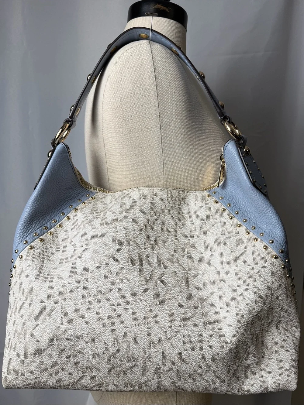 Michael Kors Signature MK Powder Blue Studded Hobo Shoulder Crossbody Bag Purse